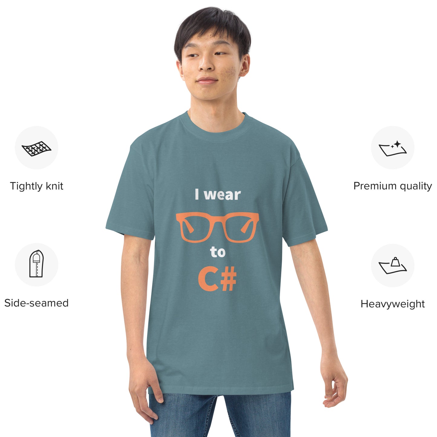 I wear glasses to C#. Men’s premium heavyweight tee