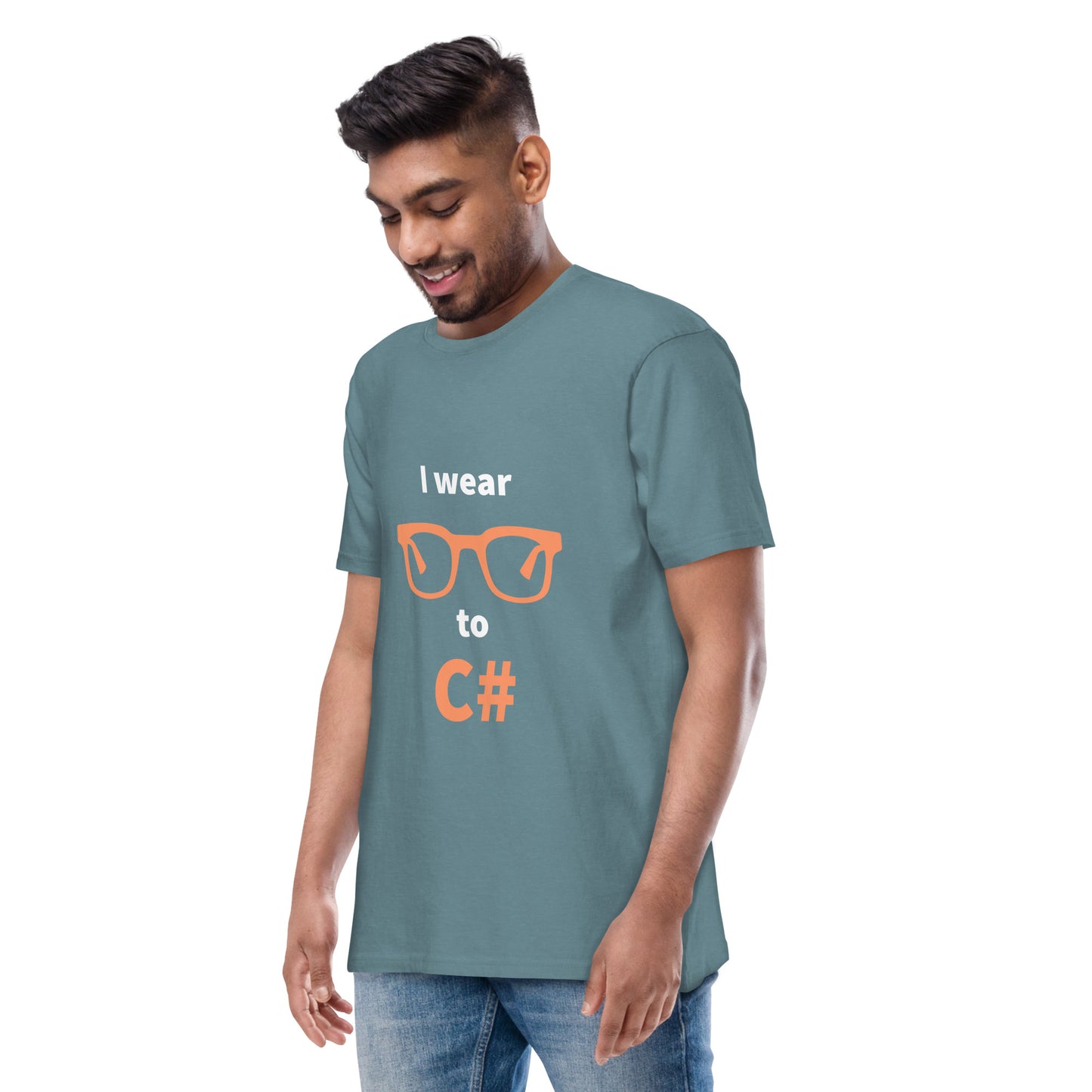 I wear glasses to C#. Men’s premium heavyweight tee