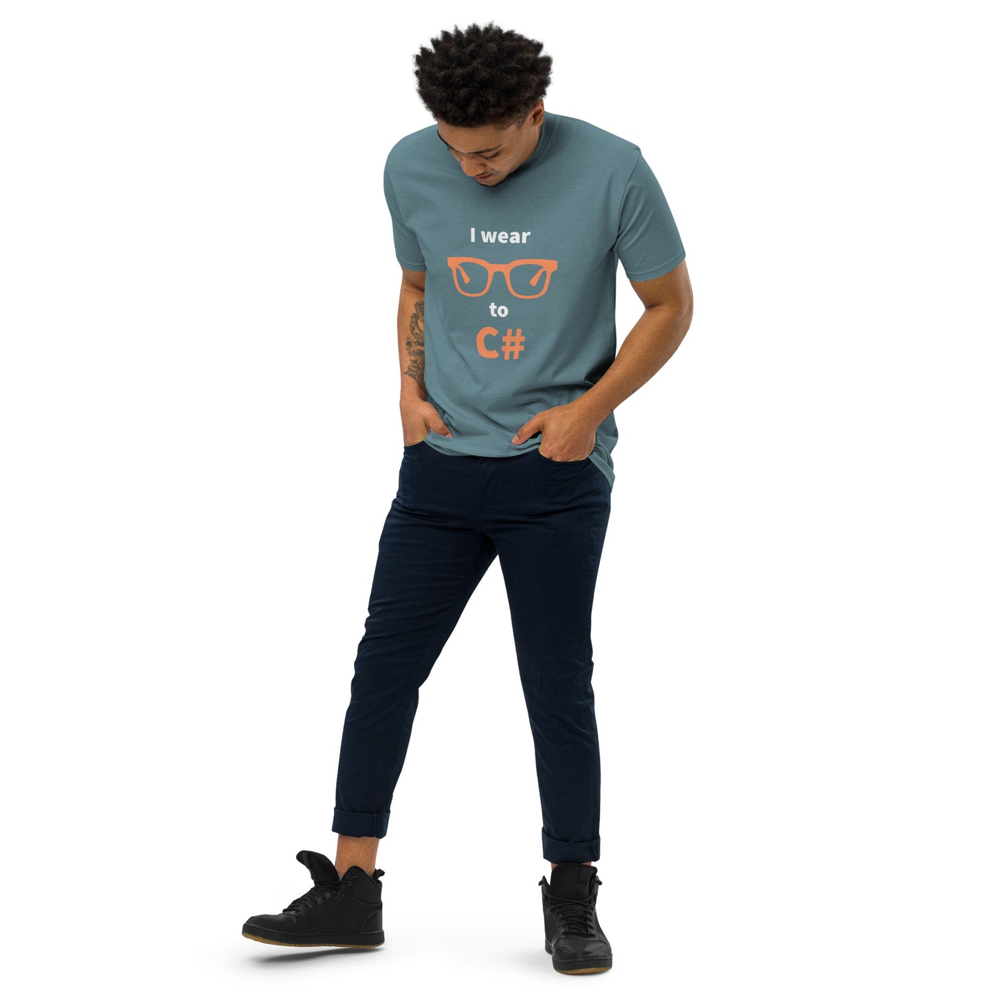 I wear glasses to C#. Men’s premium heavyweight tee