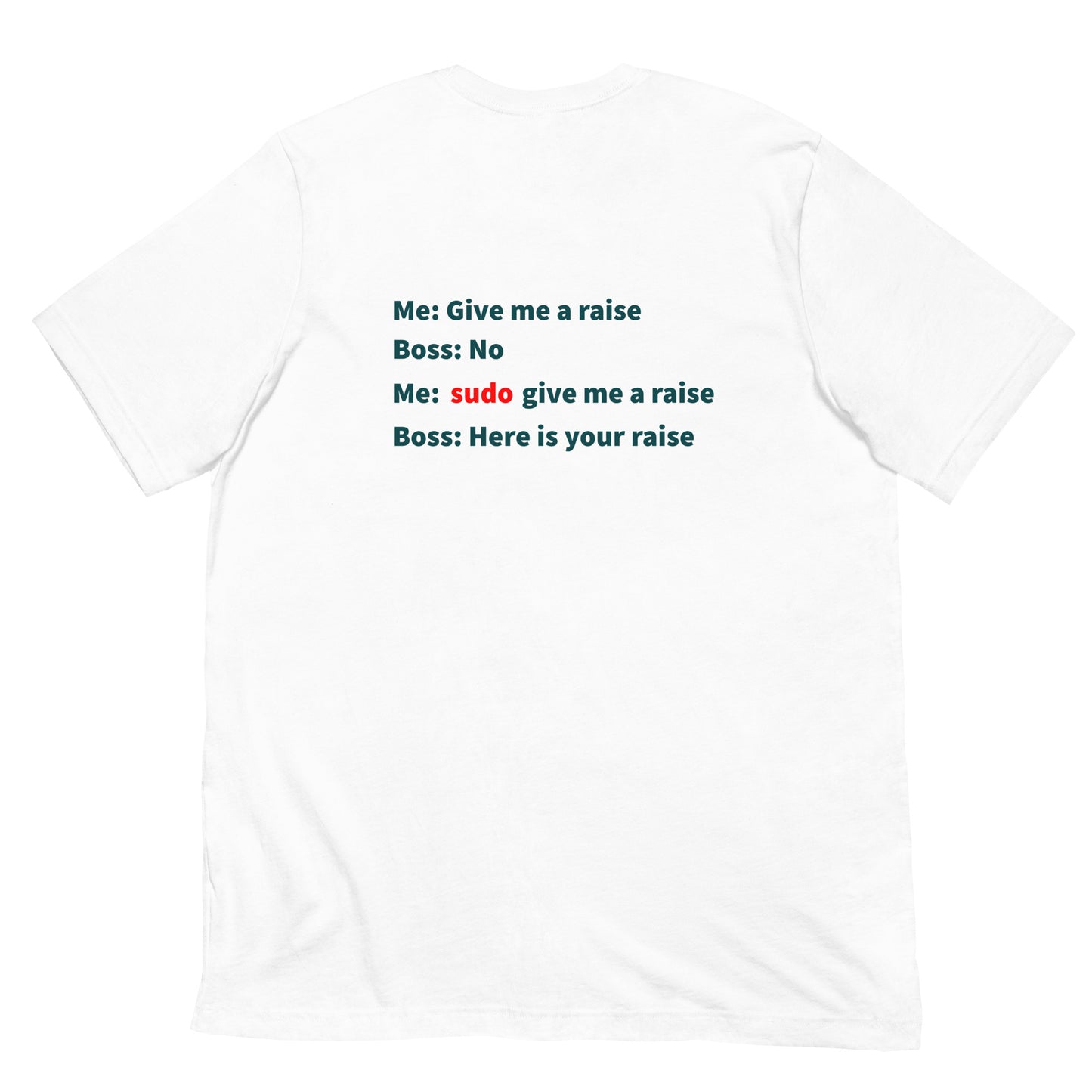 Give me a raise. Print on back. Unisex t-shirt