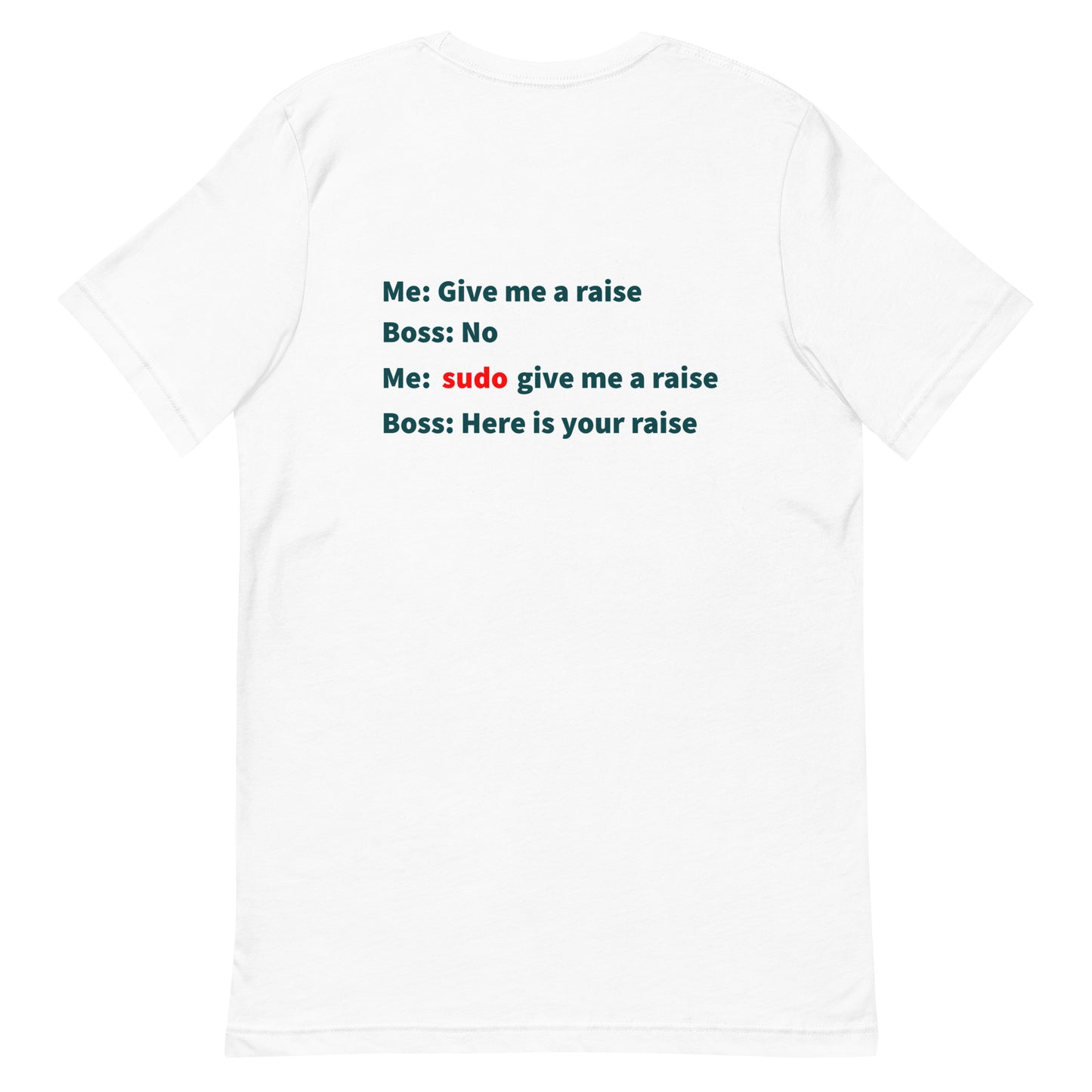 Give me a raise. Print on back. Unisex t-shirt